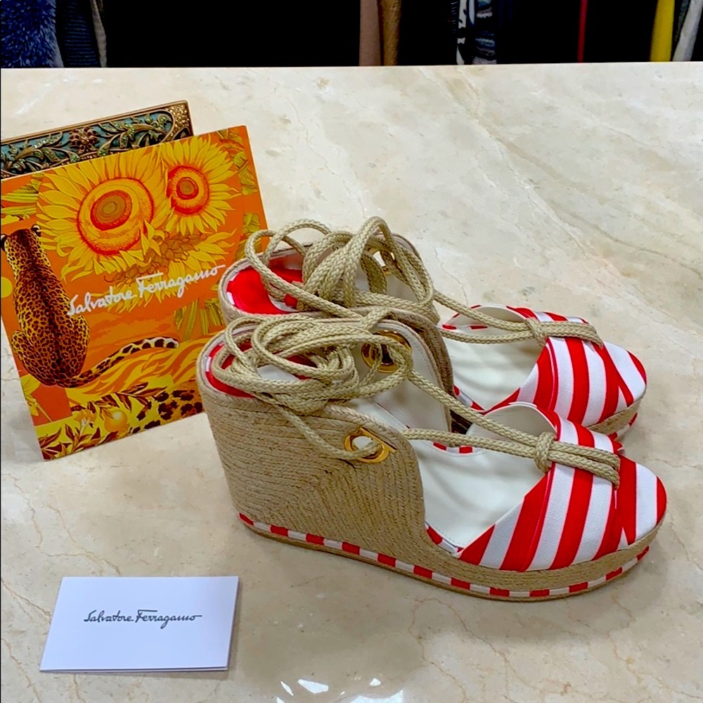 SALVATORE FERRAGAMO RED WHITE STRIPED FABRIC JUTE ESPADRILLES W/CALF LEATHER 8.5 - Picture 3 of 14